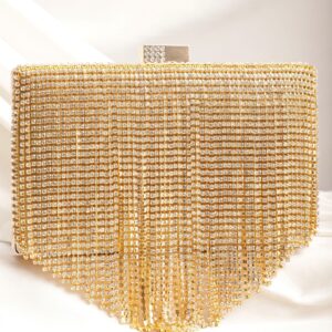 Cream With Dazzling Crystal Zirconia Embellished Contemporary tassels Clutch handbag - Gold