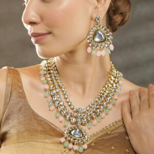 Gold Plated Kundan Studded Green & Pink Beads Layered Necklace Set - Gold