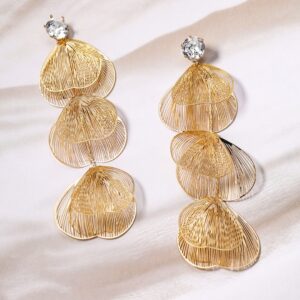 Gold-Plated Wire Mesh Layered Petal Dangle Earrings with Crystal Studs - Gold