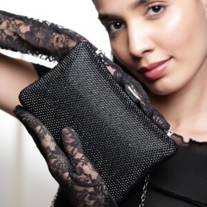 Grey Coloured Embellished Zirconia Crystals Lavish Clutch Handbag - Black