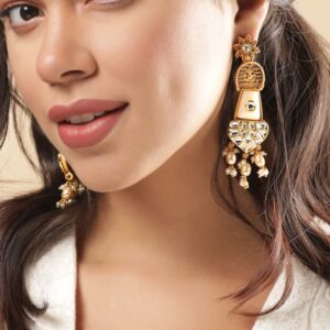 Lord Ganesh Chandelier Earrings with White Stones and Beads Hanging - Gold