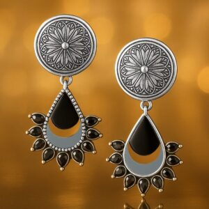 Oxidized Silver-Plated Black and Mirror Work Drop Earrings - Silver