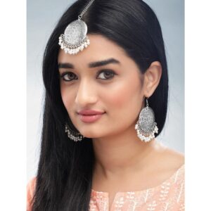 Oxidized Silver-Plated Maang Tikka and Earrings Set with White Beads Detailing - Silver