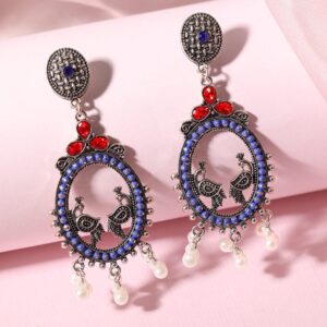 Oxidized Silver-Plated Oval Peacock Drop Earrings with Blue & Red AD Stones & Pearl Beads - Silver