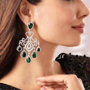 Premium Rhodium plated AAA Cubic Zirconia Emerald Green studded Statement chandelier Earring - Silver