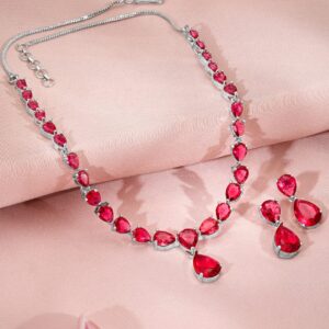 Premium Rhodium Plated Ruby Red Studded Statement Jewellery Set - Silver