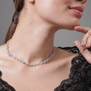 Rhodium Plated AD & Cubic Zirconia Studded Cross Link Tennis Necklace - Silver