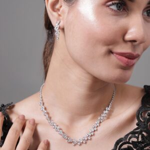 Rhodium Plated AD & Cubic Zirconia Studded Luxurious Floral Motif Necklace Set - Silver