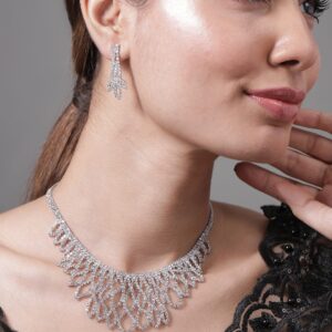 Rhodium Plated AD & Cubic Zirconia Studded Luxurious Leaf Motif Necklace Set - Rhodium Plated