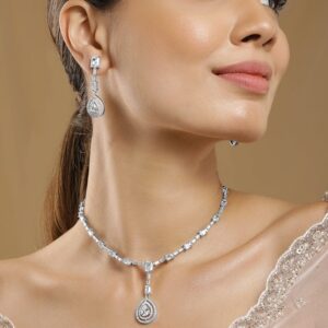 Rhodium Plated AD & Cubic Zirconia Studded Necklace Set with Teardrop Pendants - Silver