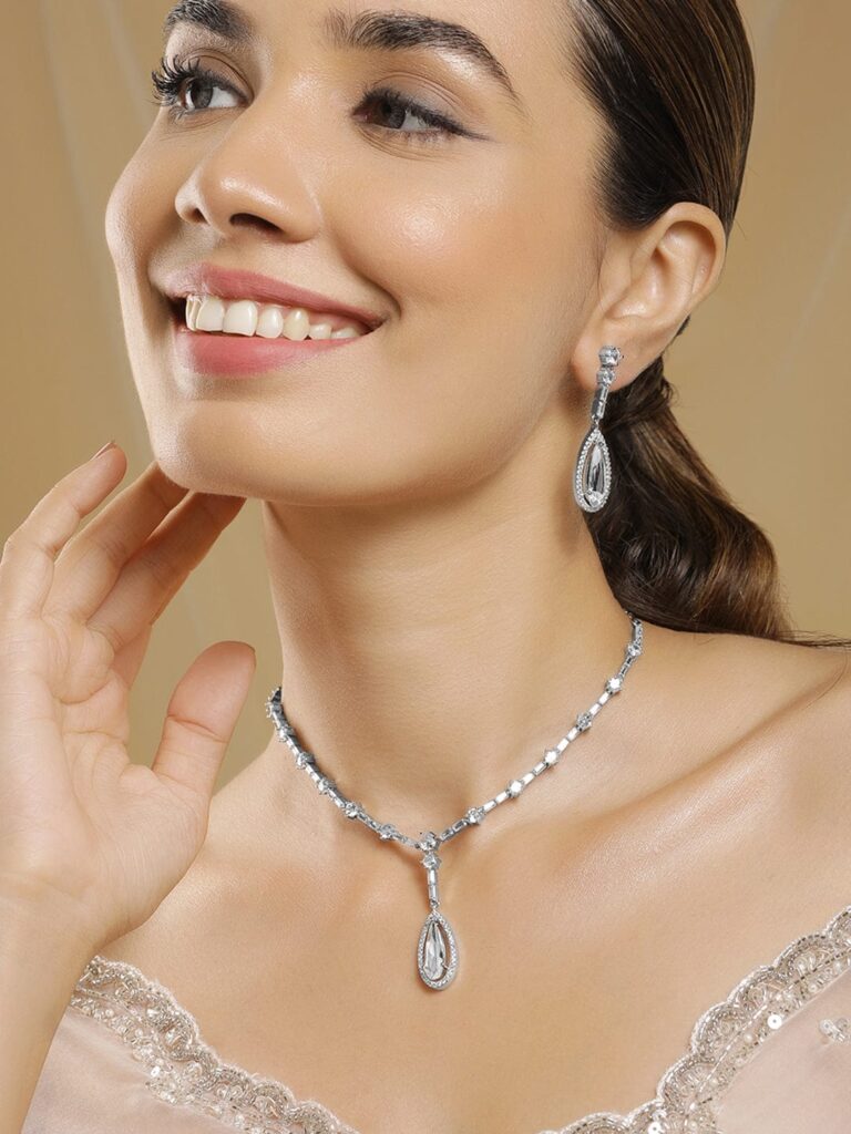 Rhodium Plated AD & Cubic Zirconia Studded Teardrop Statement Jewellery Set - Purple