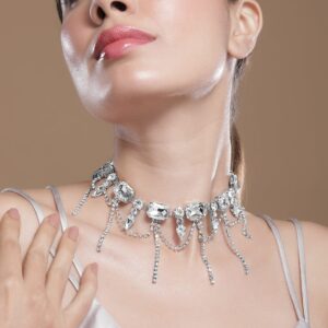 Rhodium-Plated Crystal AD & Zirconia Studded Cascading Fringe Layered Necklace - Silver