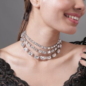 Rhodium Plated Crystal AD & Zirconia Studded Luxurious Multilayer Necklace - Silver