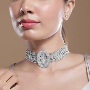Rhodium Plated Crystal AD & Zirconia Studded Multi-Strand Statement Choker Necklace - Gold