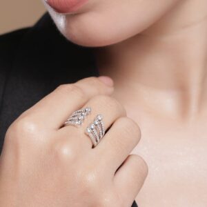 Rhodium Plated Cubic Zirconia Studded Open-Cage Design Adjustable Finger Ring - Silver