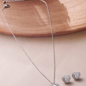 Rhodium Plated CZ Studded Heart Shape Pendant Necklace Set - Silver