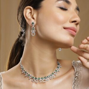 Rhodium Plated Emerald & Cubic Zirconia Studded Circular Link Jewellery Set - silver