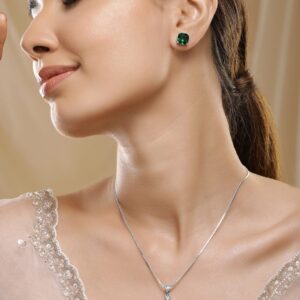 Rhodium-Plated Emerald & CZ Studded Pendant Necklace Set - Green
