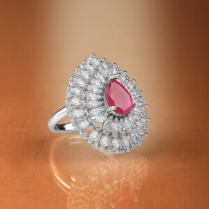 Rhodium Plated High Quality AD Ruby Stone Studded Finger Ring - Ruby