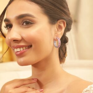 Rhodium Plated Oval Ruby Crystal Zirconia Chick Demi - Fine Hoop Earrings - Pink