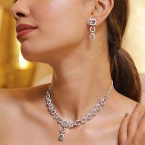 Rhodium-Plated Pastel Pink & Teardrop Cubic Zirconia Studded Premium Jewellery Set - Silver