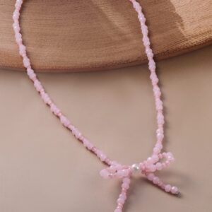 Rhodium Plated Pink Bead Necklace with Bow Pendant - Silver