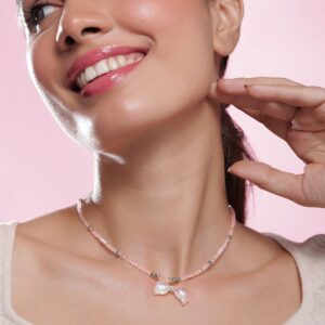 Rhodium Plated Pink Beaded Necklace with Iridescent Butterfly Bow Pendant - Silver