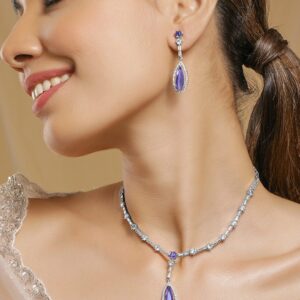 Rhodium Plated Purple Sapphire Teardrop Pendant Necklace Set with AD & Cubic Zirconia - Silver