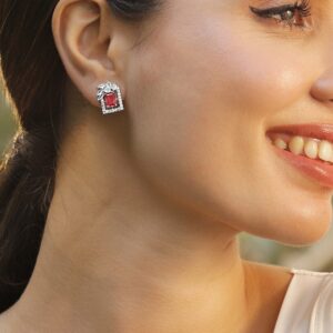 Rhodium Plated Ruby & White Cubic Zirconia Studded Geometric Stud Earrings - Silver