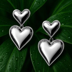 Rhodium-Plated Stainless Steel Tarnish-Free Waterproof Dual Heart Earrings - Silver