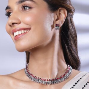 Rhodium-Plated Stone-Studded Oxidised Necklace Set - Silver