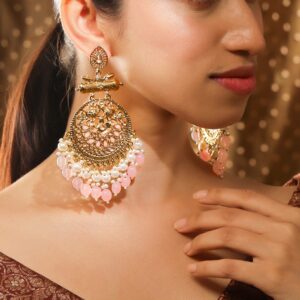18K Antique Gold-Plated Big Chandbali Earrings with Pearl & Pink Bead Accents - Gold