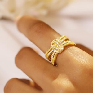 18K Gold-Plated Brass Cubic Zirconia Studded Bow Design Adjustable Finger Ring