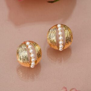 18K Gold-Plated Brass Dome Stud Earrings with Ribbed Texture & Pearl Line Detailing