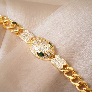 18K Gold Plated Cuban Chain Crystal Srtudded Serpant Bracelet - Gold