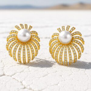 18K Gold-Plated Cubic Zirconia Floral Design Pearl Stud Statement Earrings - Gold