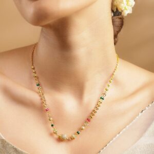 18K Gold-Plated Cubic Zirconia Stone Gold, Green & Pink Beaded Matar Mala Necklace - Gold