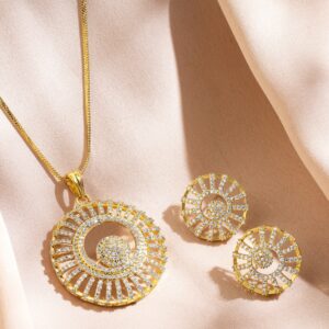 18K Gold-Plated Cubic Zirconia Studded Radiant Circle Pendant Necklace Set