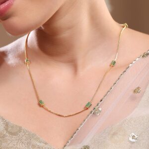 18K Gold-Plated Emerald Green Beaded Elegant Long Gold Tone Necklace