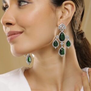 18K Gold-Plated Emerald Green & Cubic Zirconia Studded Premium Chandelier Earrings - Gold