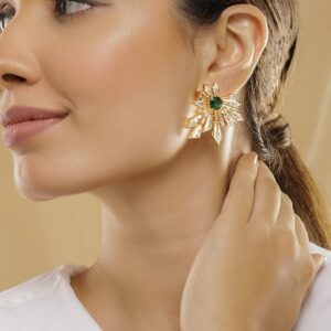 18K Gold-Plated Emerald Green & Cubic Zirconia Studded Statement Stud Earrings - Gold