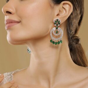 18K Gold-Plated Emerald & Zirconia Studded Green Beaded Long Chandbali Earring - Gold