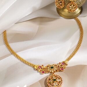 18K Gold-Plated Floral Design Necklace Set with Ruby Pink & Emerald Green Stones