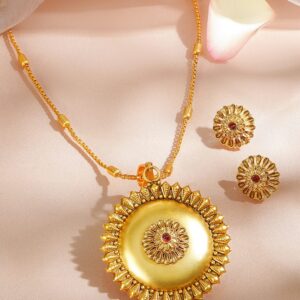 18K Gold-Plated Floral Motif Ethnic Pendant Necklace Set with Ruby Red Center Stone