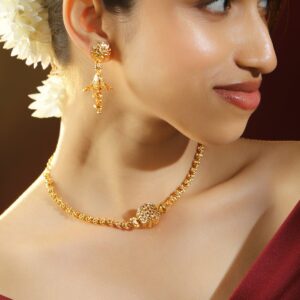 18K Gold-Plated Floral Motif & Filigree Beaded Brass Necklace Set for Women