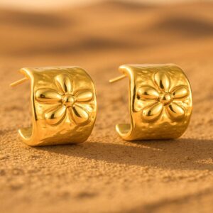 18K Gold-Plated Floral Motif Textured Stainless Steel Tarnish-Free Waterproof Studs - Gold