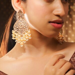 18K Gold-Plated Kundan & Glossy Cream Pearl Beaded Handcrafted Long Chandelier Earrings - Gold