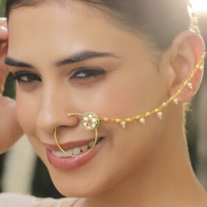 18K Gold Plated Kundan Studded Floral Design Chain Nath with Ruby Centre & Pearl Detailing