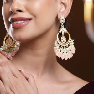 18K Gold-Plated Kundan Studded Pastel Pink & Green Bead Big Chandbali Earrings