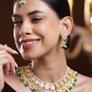 18K Gold-Plated Kundan-Studded White & Green Beaded Choker Necklace Set with Earrings & Maang Tikka